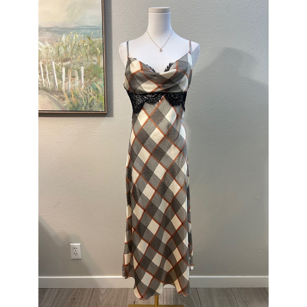 Forever 21 Plaid Satin Slip Midi Dress Lace Bust Cowl Neck Grunge Coquette Y2K M